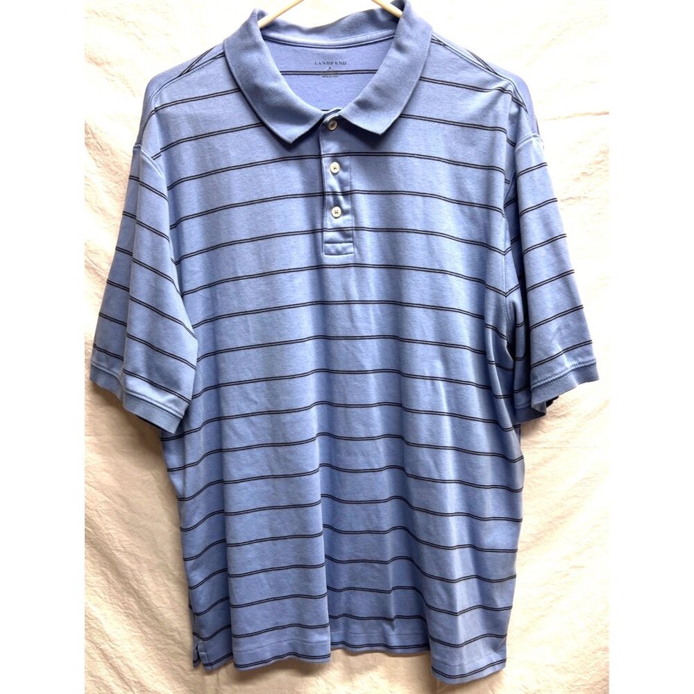Lands End Mens XL Blue Striped Polo Shirt Cotton 3-Button Short Sleeve